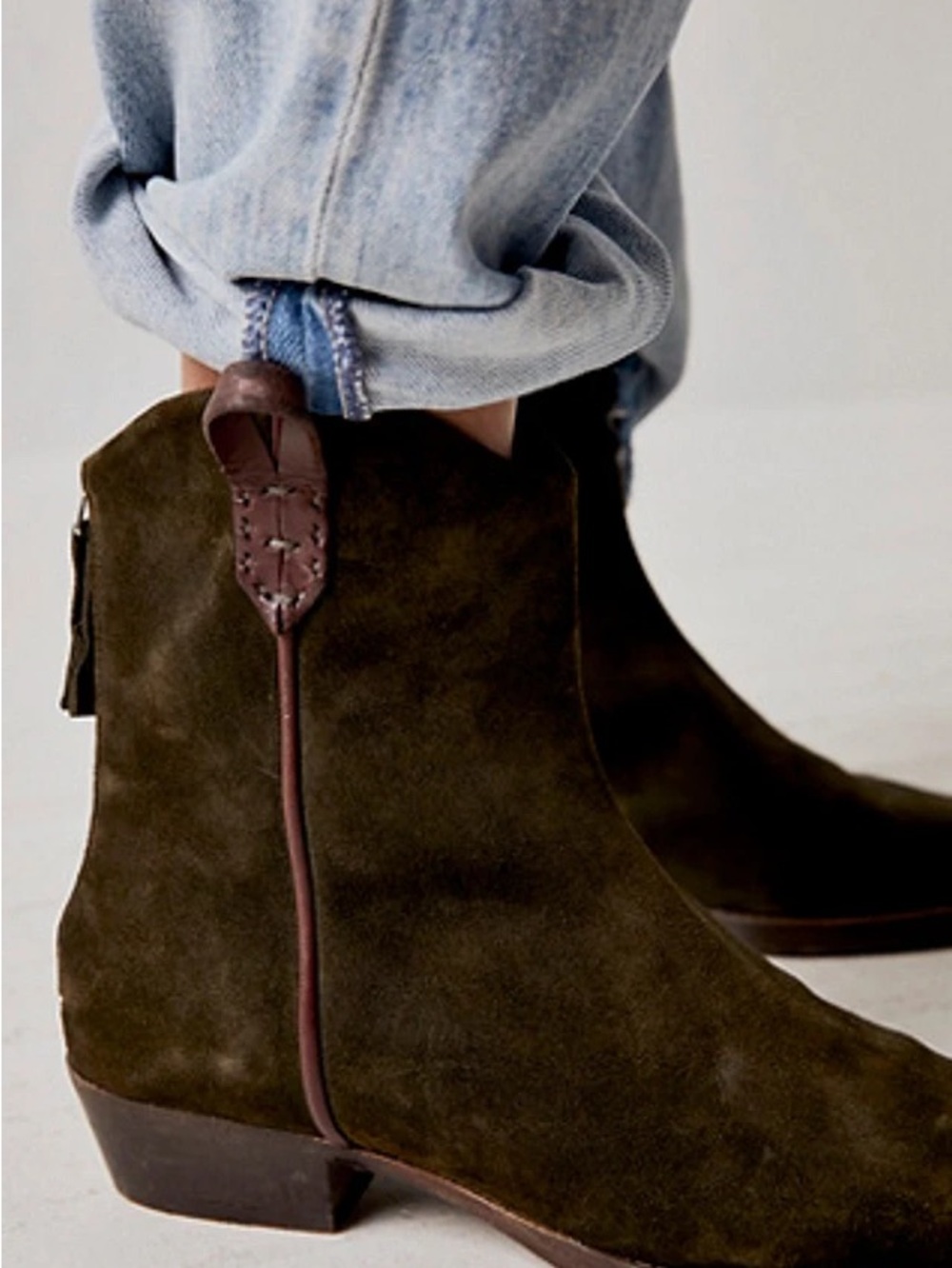 We The Free Wesley Olive Suede Ankle Booties with Pull Tabs 38